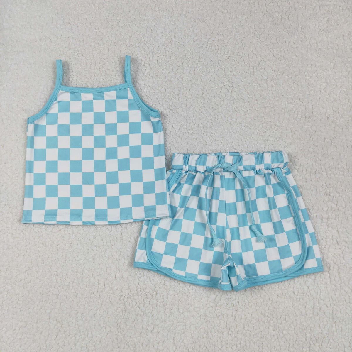GSSO2332 blue checkered camisole shorts girls set