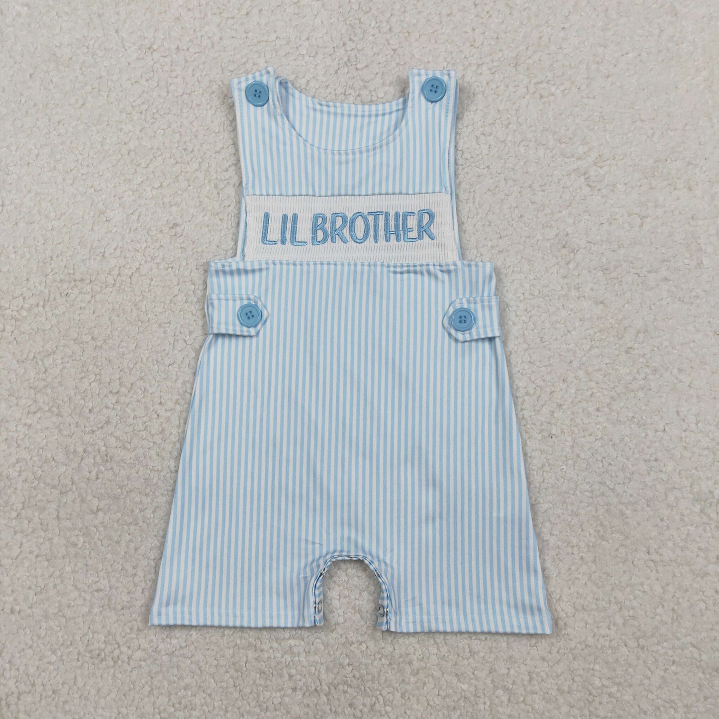 Embroidery SR3592 Lil Brother Blue Striped Sleeveless Boys Romper