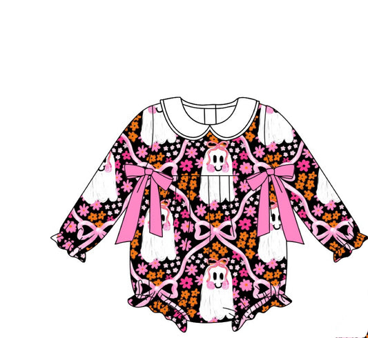 custom moq 5 Halloween spooky flowers bows long sleeve girls romper