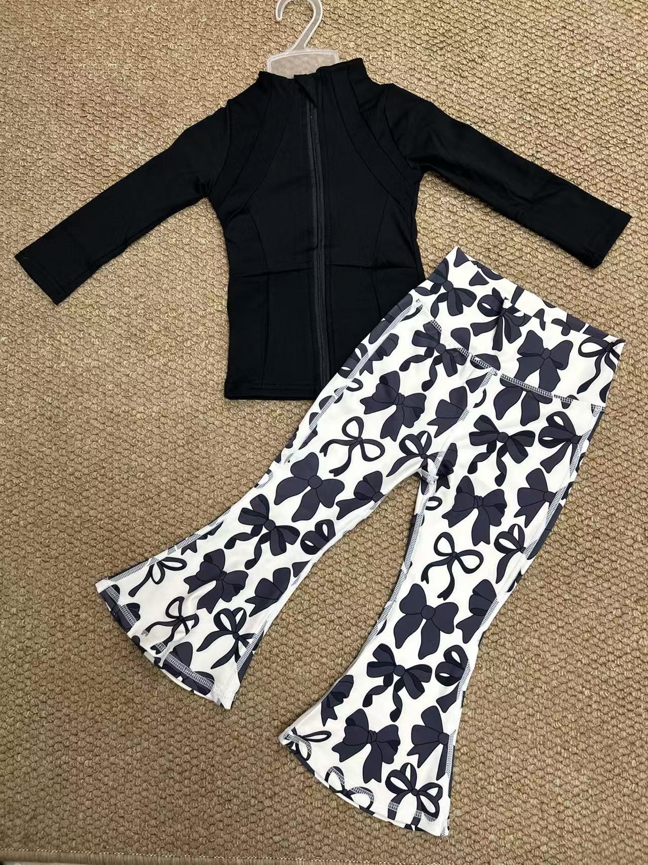 yoga black zipper long sleeve black bows pants girls set