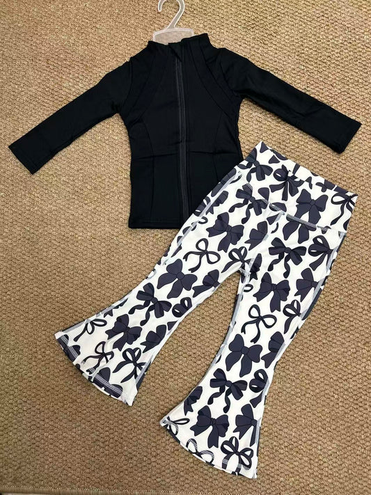 yoga black zipper long sleeve black bows pants girls set