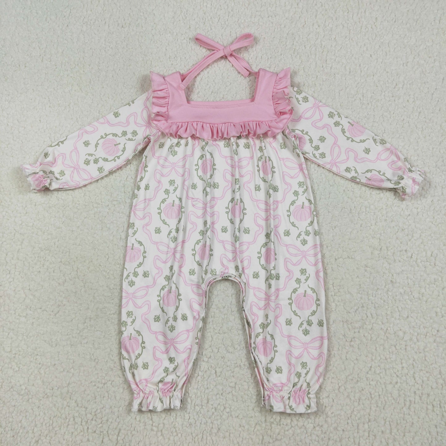 LR2255 pink pumpkin bows long sleeve girls romper