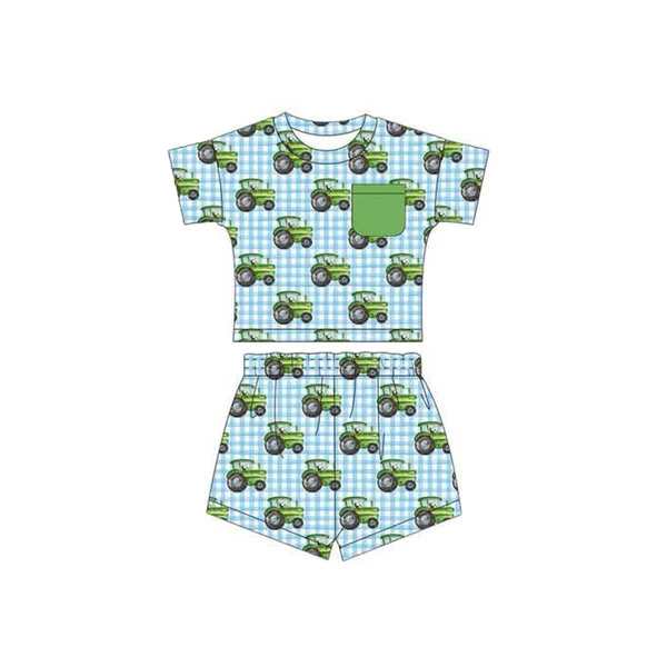 custom moq 3 tractor blue checkered pocket short sleeve shorts boys set
