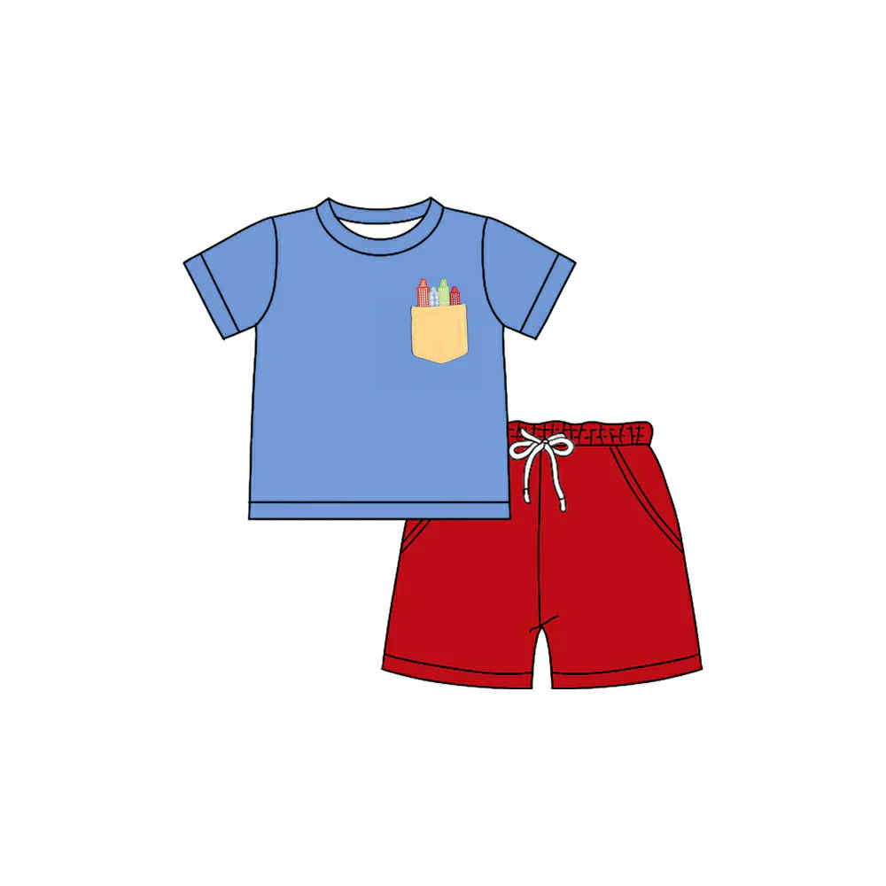 custom back to school pen pocket blue short sleeve red shorts boys set