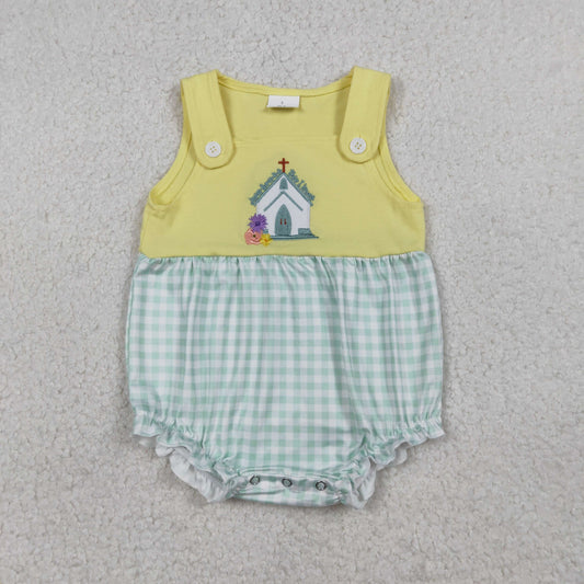 Embroidery SR3704 Easter Cross Flowers Yellow Sleeveless Girls Romper