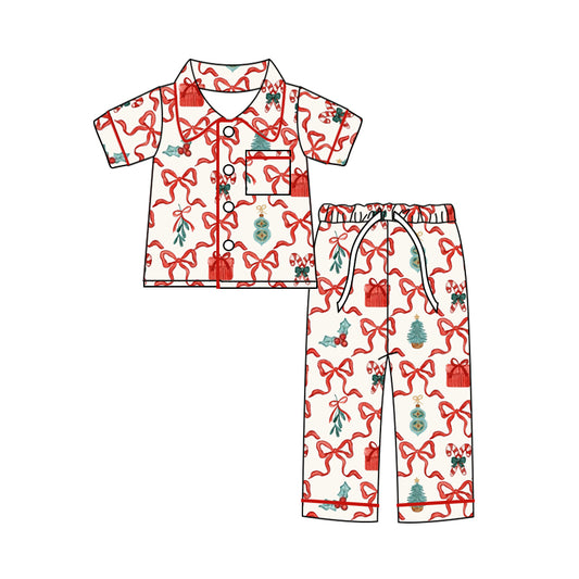 custom order Christmas bows holly berry cane candy red short sleeve pants girls set