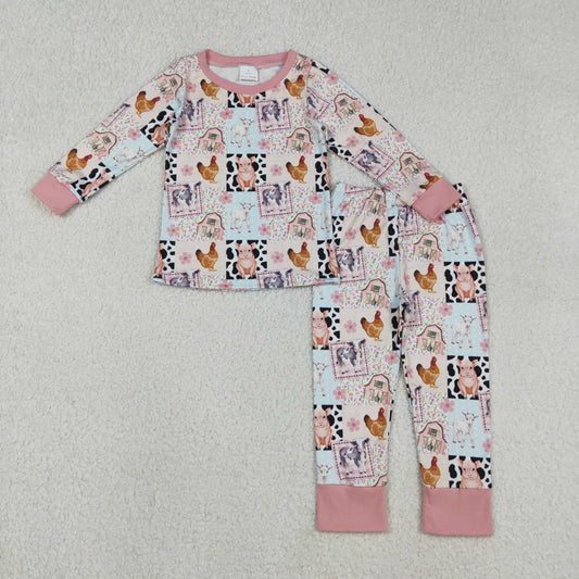 GLP2805 farm pig chick animals flowers pink long sleeve pants girls pajamas