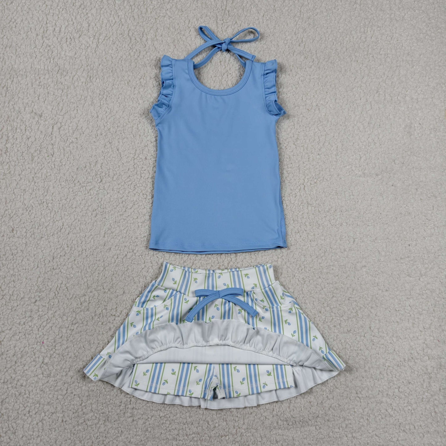 GSD3906 Yoga Blue Sleeveless Flowers Skorts Girls Set