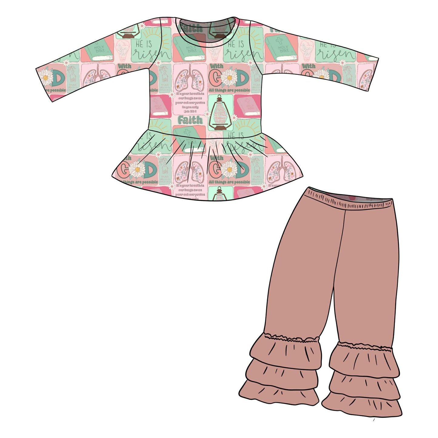Custom Faith God Green Pink Long Sleeve Pink Pants Girls Set
