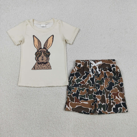 BSSO1582 Easter Hunting Camo Bunny Rabbit Short Sleeve Camo Shorts Boys Set
