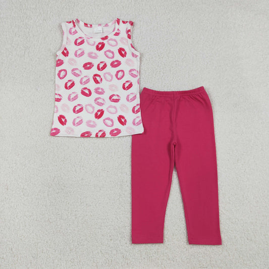 GSPO2191 Valentine's Day Lips Sleeveless Hot Pink Pants Girls Set