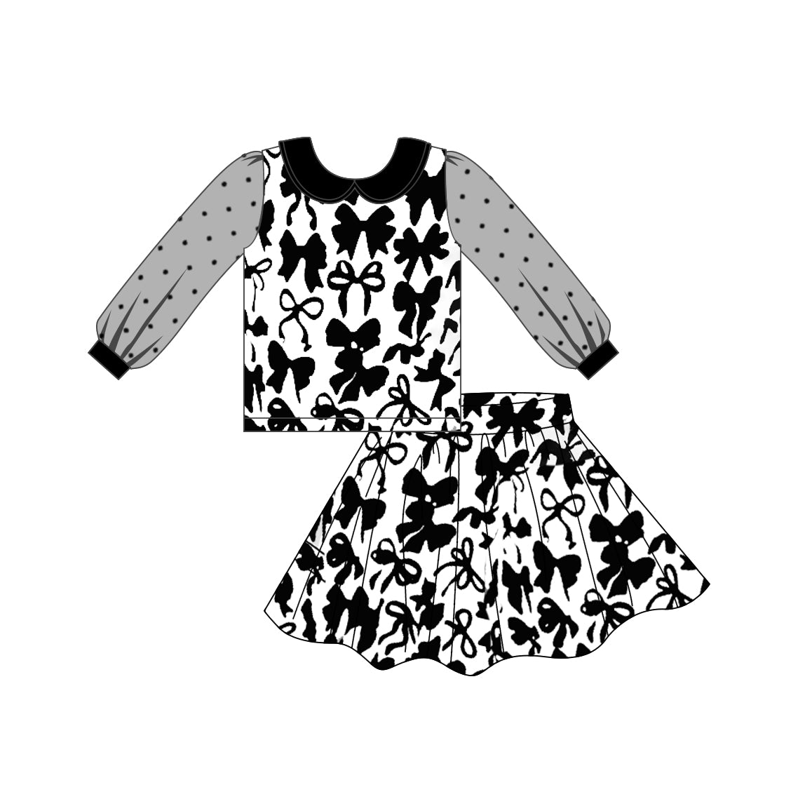 custom moq 3 black lace long sleeve black bows skirt 2pc girls set