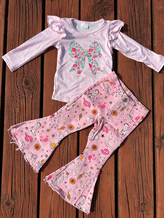 Colorful Bow Pink Long Sleeve Wester BA Pink Jeans Girls Set