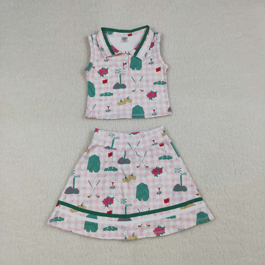 GSD3520 Yoga Golf Pink Checkered Sleeveless Skorts Girls Set