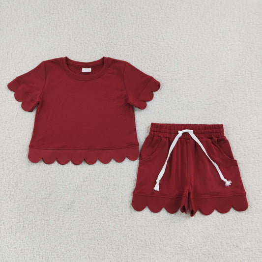 GSSO3778 Scallop Maroon Short Sleeve Shorts Girls Set