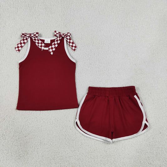 GSSO3859 Maroon Bows Sleeveless Shorts Girls Set