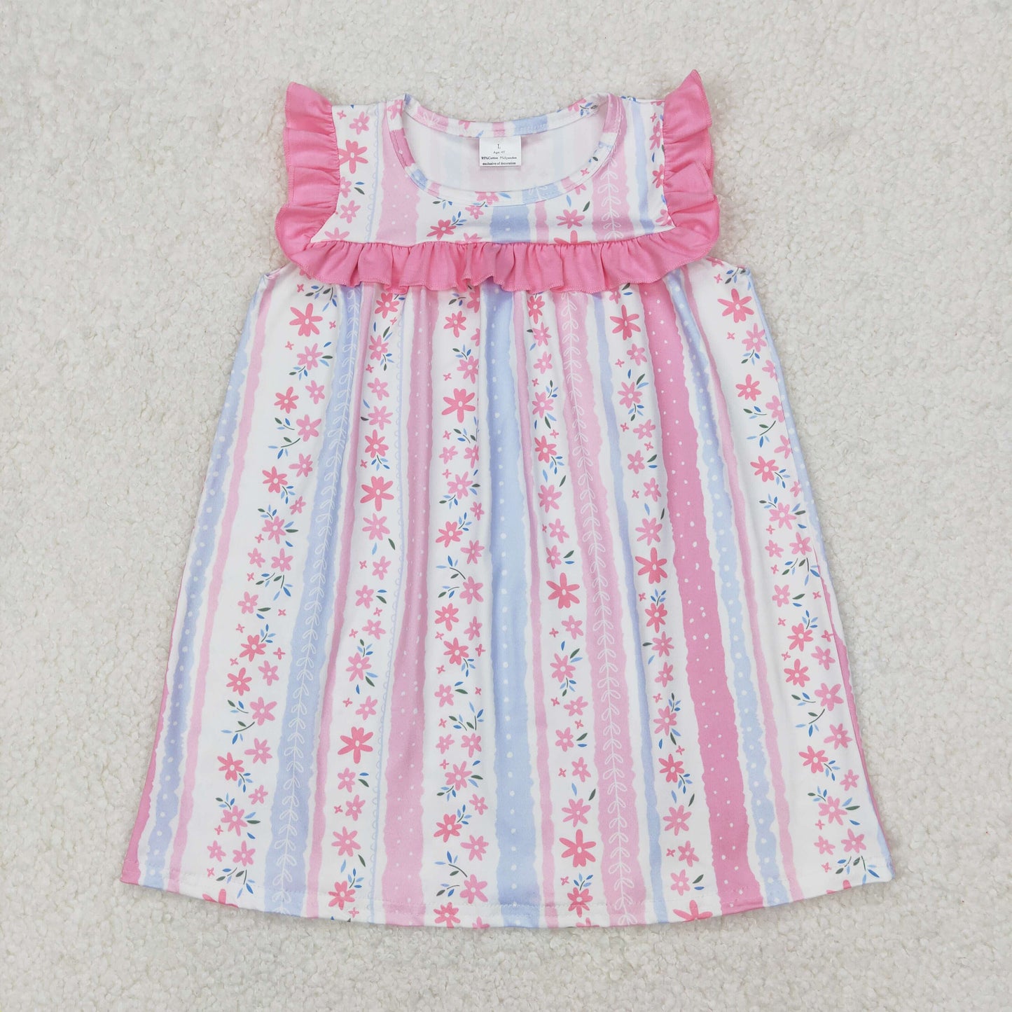 GSD1901 pink flowers pink blue striped ruffles sleeve girls dress