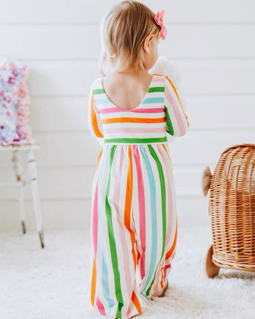 Custom Moq 3 Rainbow Striped Long Sleeve Girls Jumpsuits