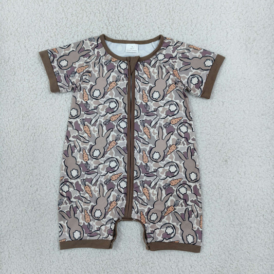 SR4305 Easter Bunny Rabbit Camo Zipper Short Sleeve Boys Romper