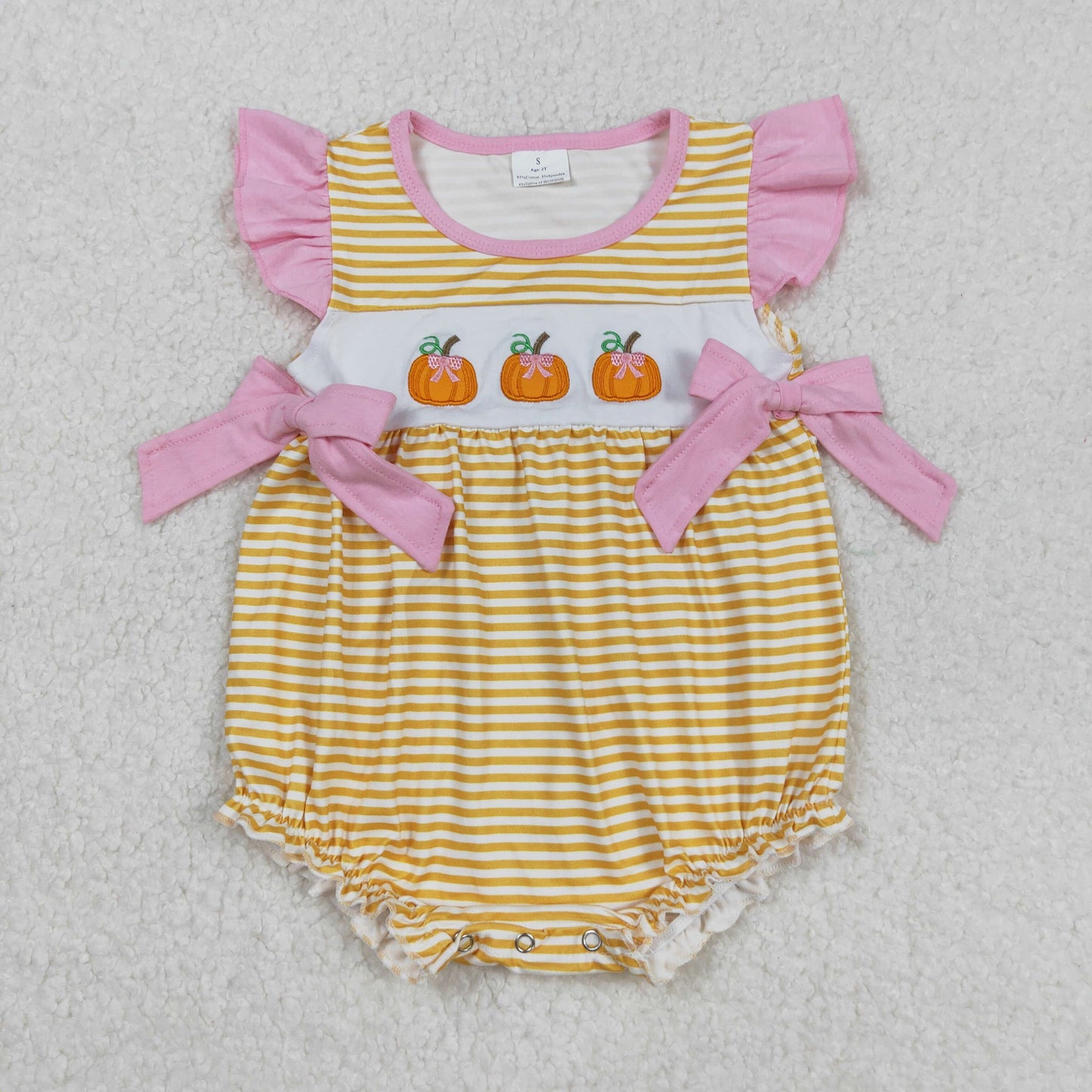 embroidery SR3125 pumpkin orange striped pink bows flutter sleeve girls romper