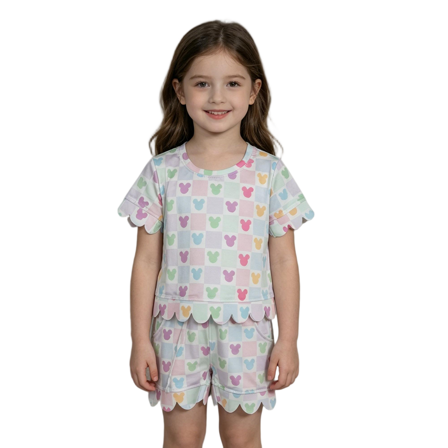 GSSO3496 Scallop Cartoon M Colorful Checkered Short Sleeve Shorts Girls Set