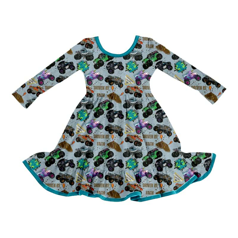 custom cartoon car grey blue long sleeve girls dress