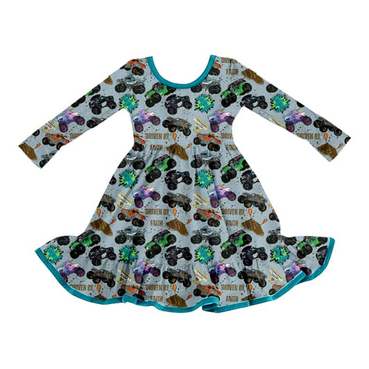 custom cartoon car grey blue long sleeve girls dress