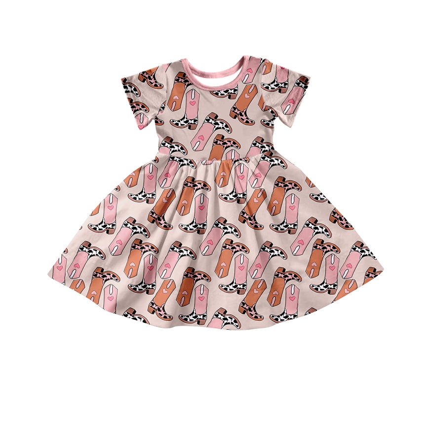 preorder Western boot heart pink short sleeve girls dress