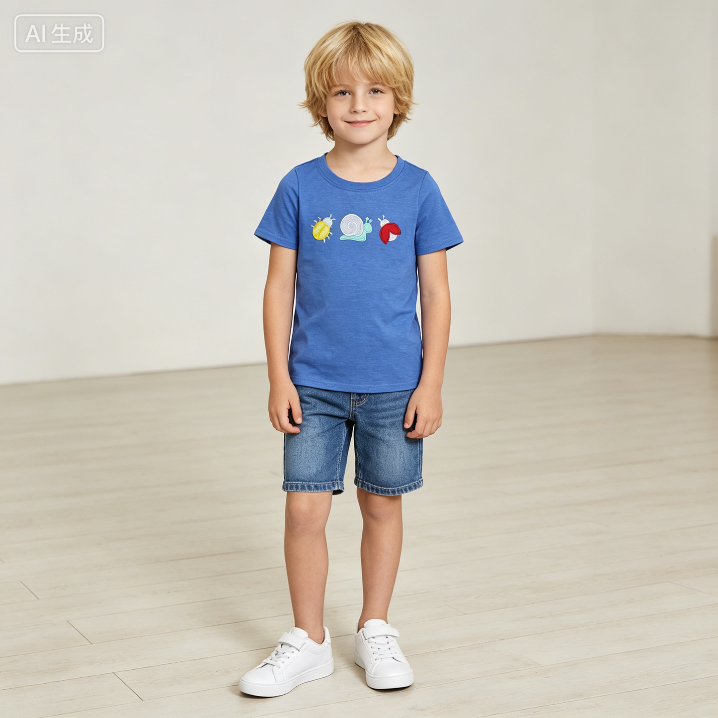 Embroidery BT1725 Ladybug Snail Blue Short Sleeve Boys Top