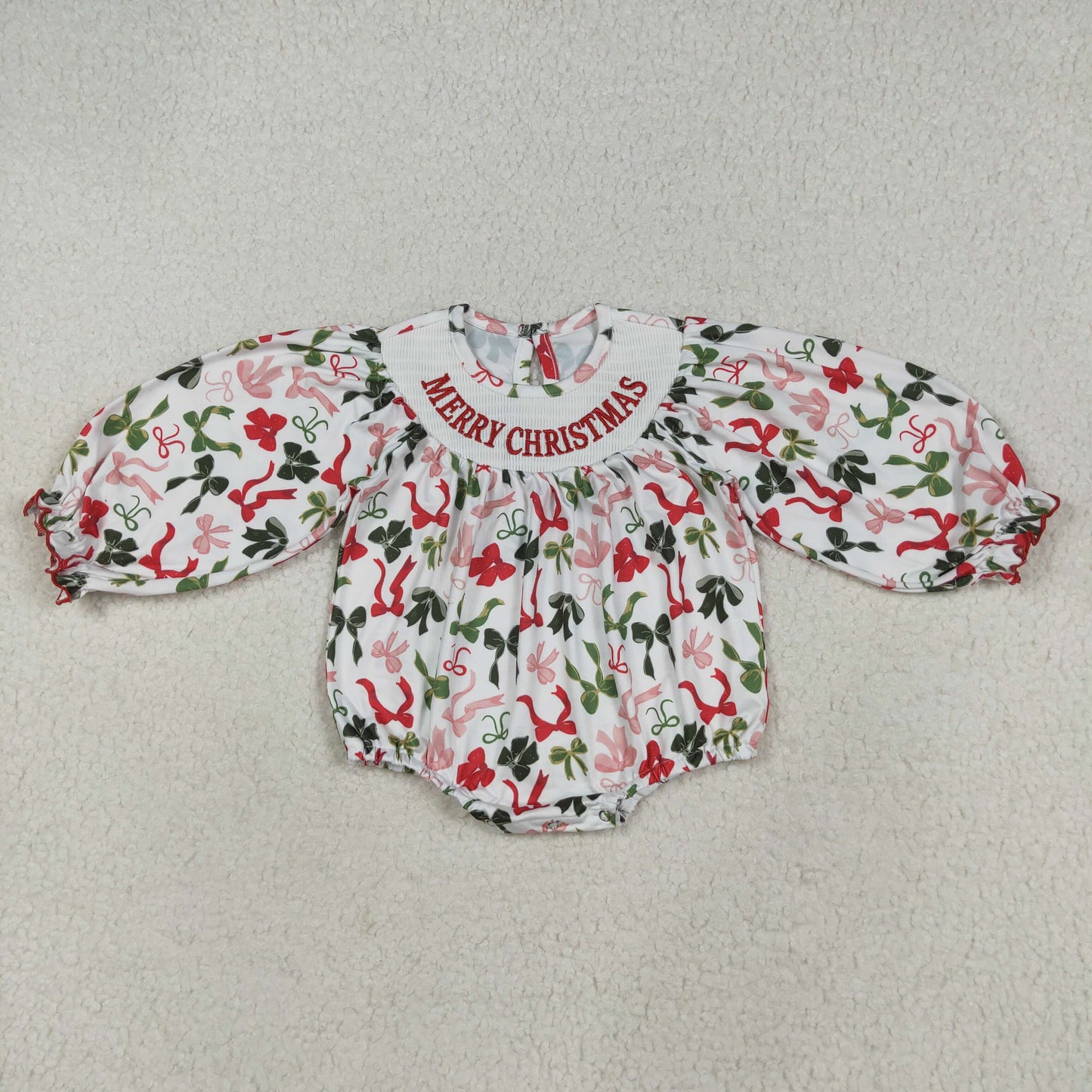 LR2276 smocked Merry Christmas red green bows long sleeve girls romper