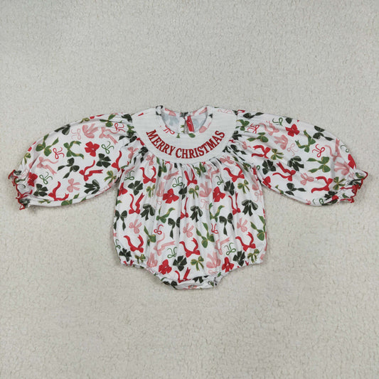LR2276 smocked Merry Christmas red green bows long sleeve girls romper
