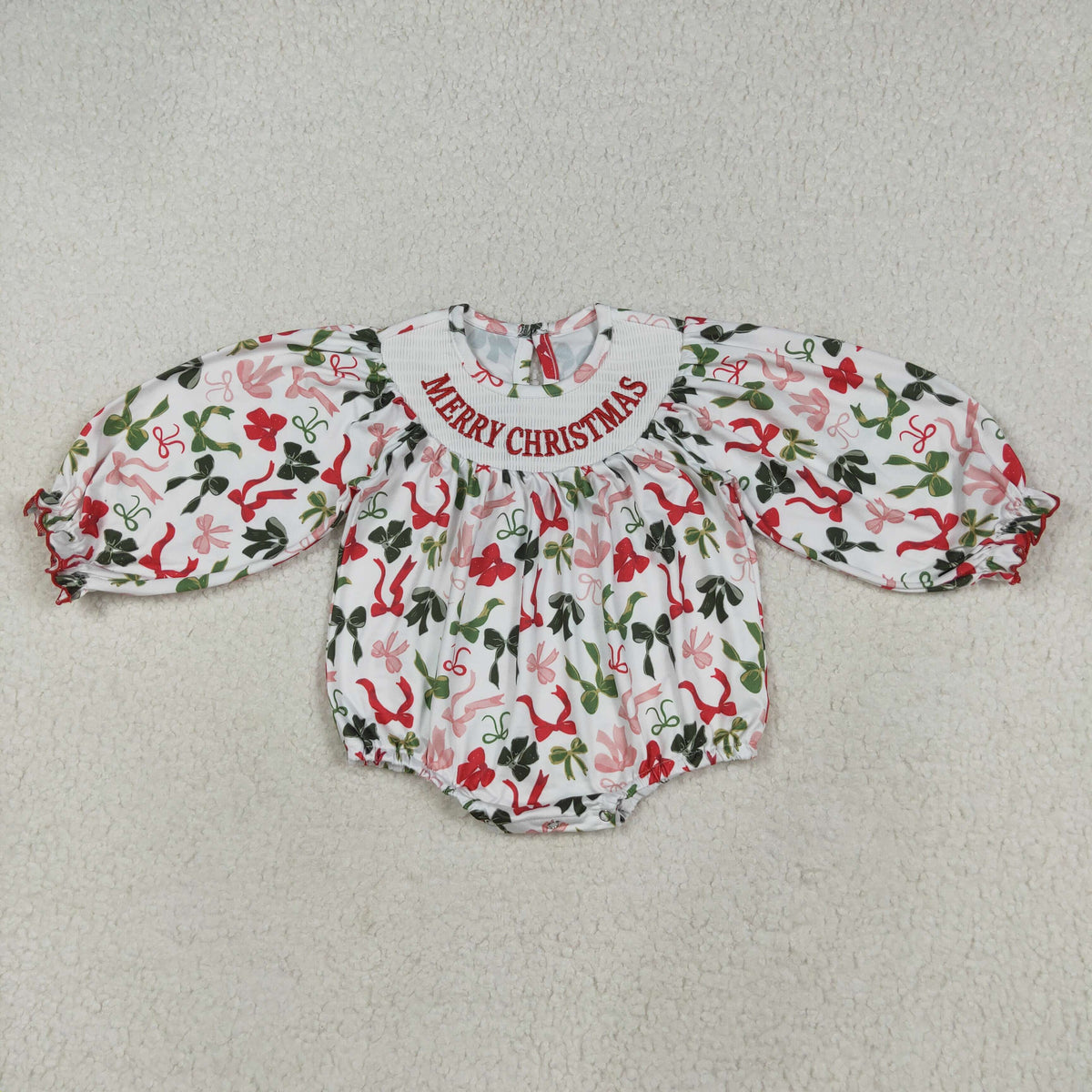 LR2276 smocked Merry Christmas red green bows long sleeve girls romper