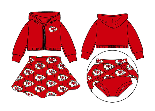 custom moq 3 football item KC red zipper long sleeve coat skorts skirt girls set