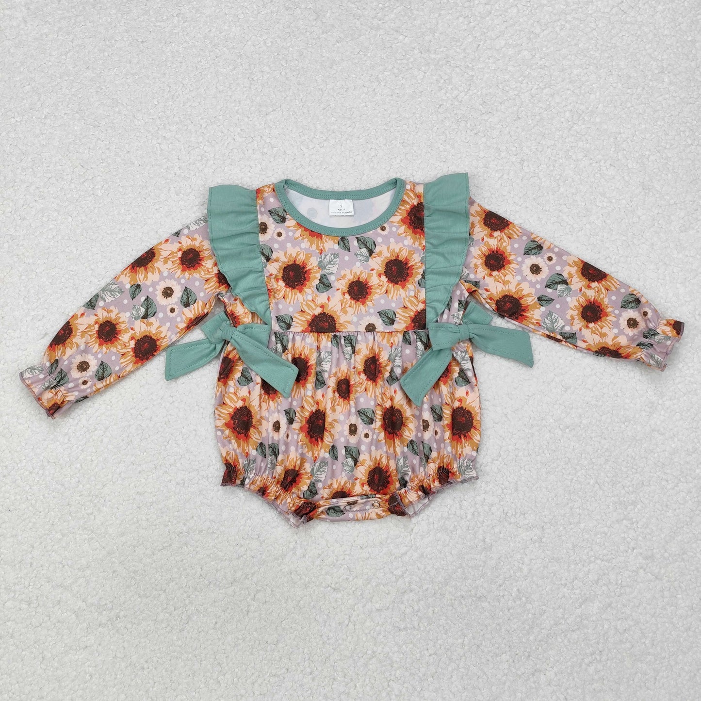 LR1492 sunflowers green long slevee girls romper