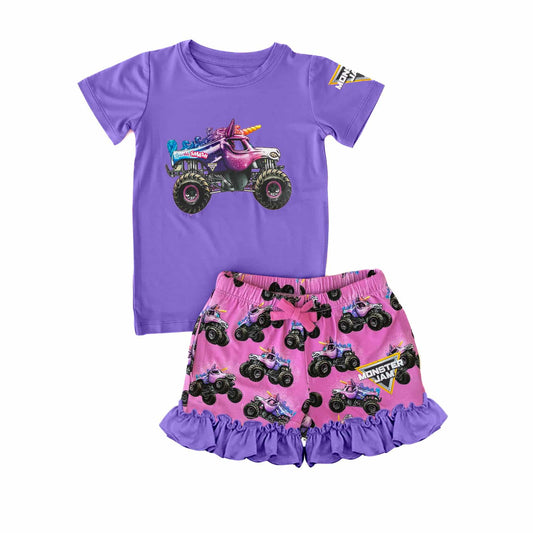 custom cartoon car purple short sleeve hot pink shorts ruffles girls set
