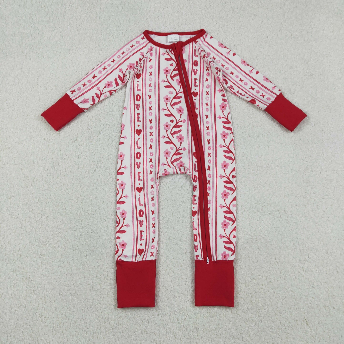 LR2884 Valentine's Day Love Heart Flowers Red Zipper Long Sleeve Girls Romper