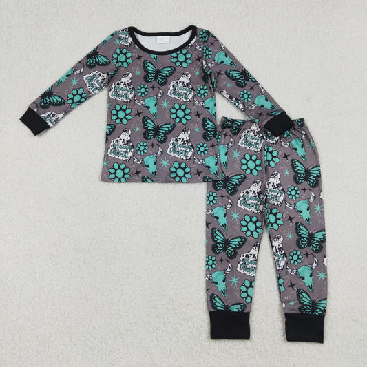 GLP3254 Western Cow Butterfly Turquoise Long Sleeve Pants Girls Pajamas