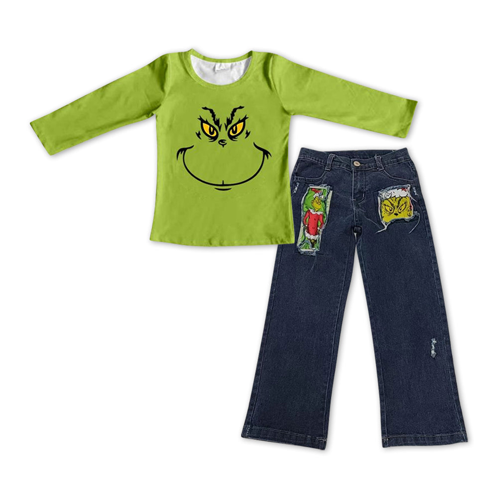 BLP0225 Christmas Green Face Long Sleeves Top Dark Blue Denim Jeans Boys Set