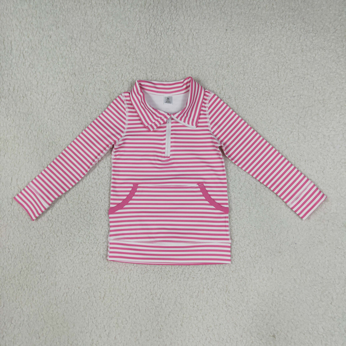 GT1783 Yoga Hot Pink Striped Pocket Zipper Long Sleeve Girls Top