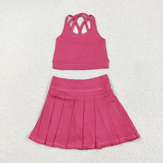 GSD2442 yoga hot pink top skirt 2pcs girls set