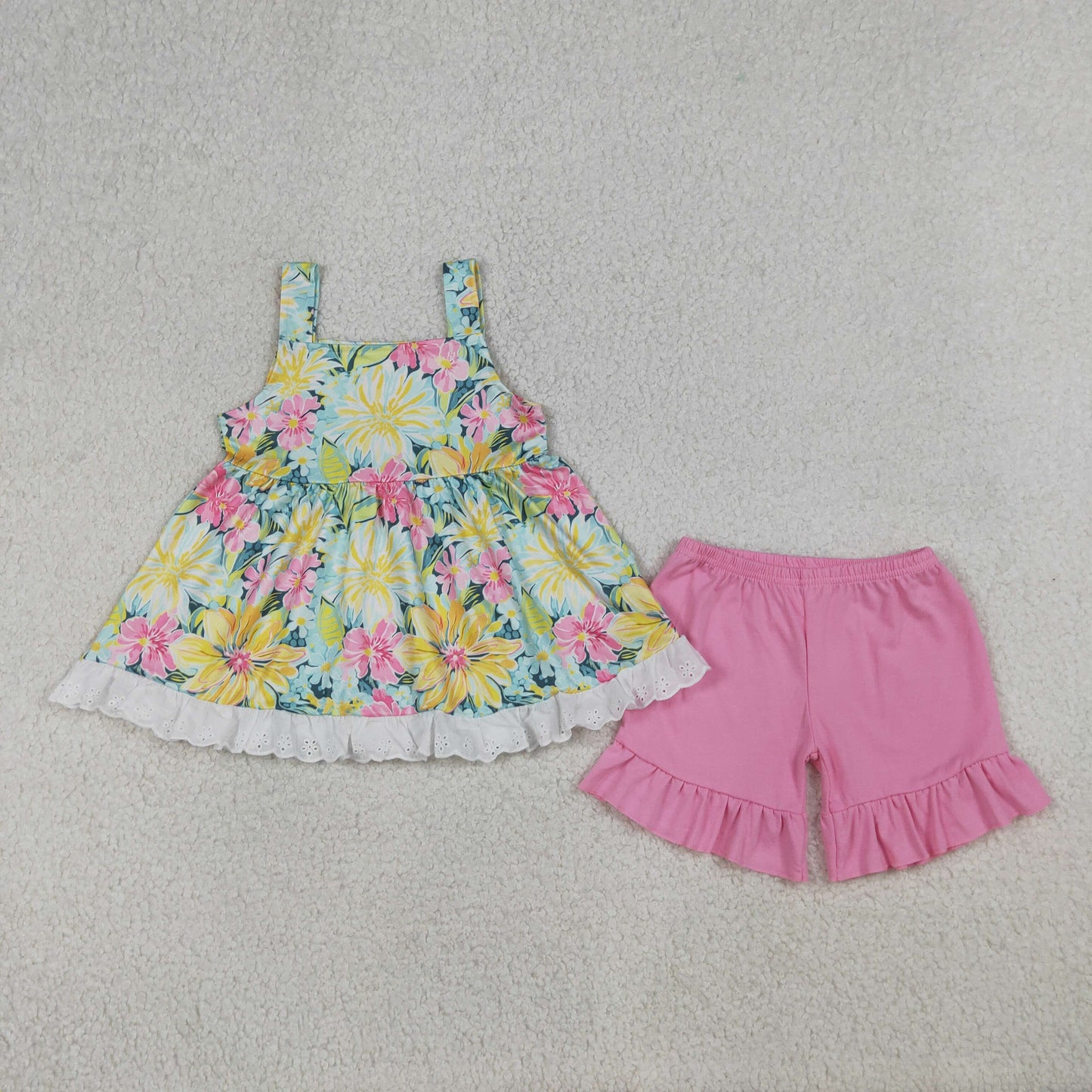 GSSO3034 Flowers Sleeveless Pink Shorts Girls Set