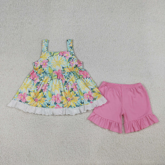GSSO3034 Flowers Sleeveless Pink Shorts Girls Set