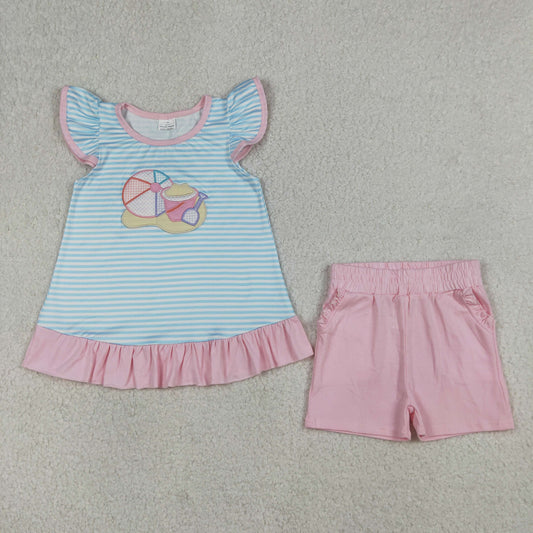 Embroidery GSSO3109 Beach Volleyball Blue Striped Flutter Sleeve Pink Shorts Girls Set