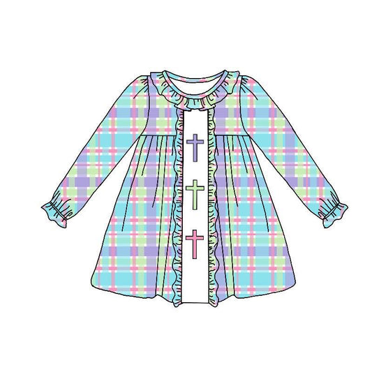 Custom Easter Cross Colorful Checkered Long Sleeve Girls Dress