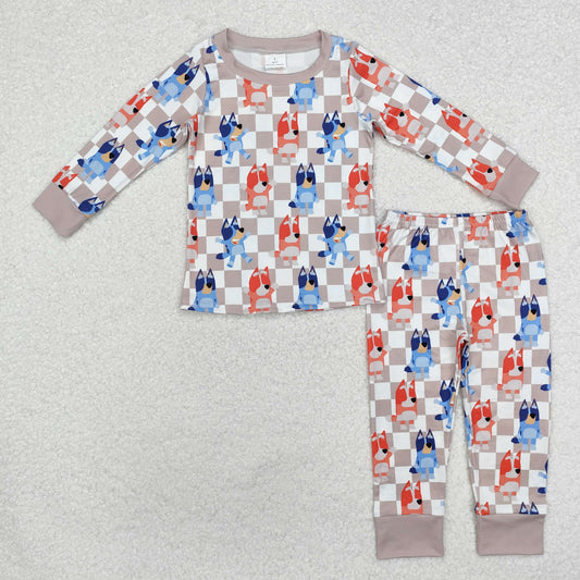 Custom moq 20 bamboo cartoon blue dog khaki checkered long sleeve pants boys pajamas