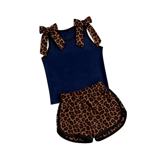 Custom Moq 3 Bows Navy Blue Sleeveless Leoaprd Shorts Girls Set