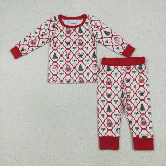 GLP2391 Christmas Santa deer tree bows red long sleeve pants girls pajamas