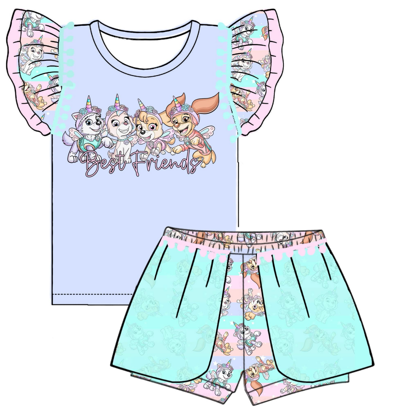 custom style cartoon dog flutter sleeve sky blue shorts girls set tat 6-8 weeks