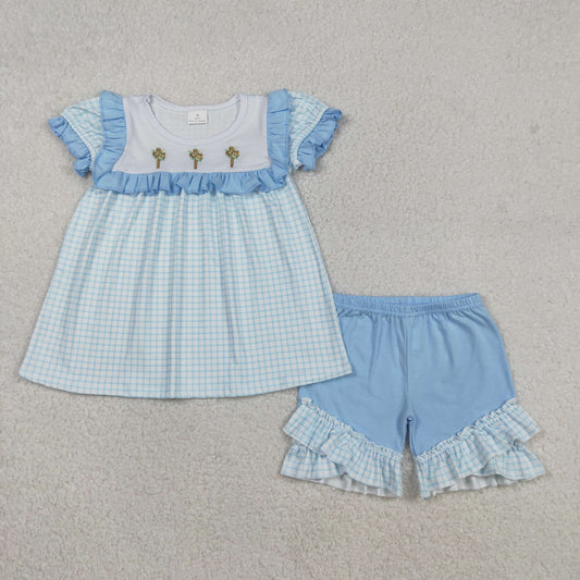 Embroidery GSSO2718 Easter cross flowers blue checkered short sleeve blue ruffles shorts girls set