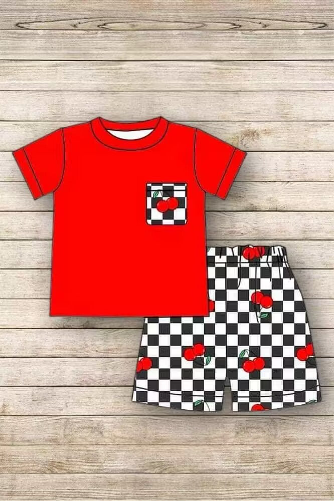 custom style cherry red pocket short sleeve black checkered shorts boys set